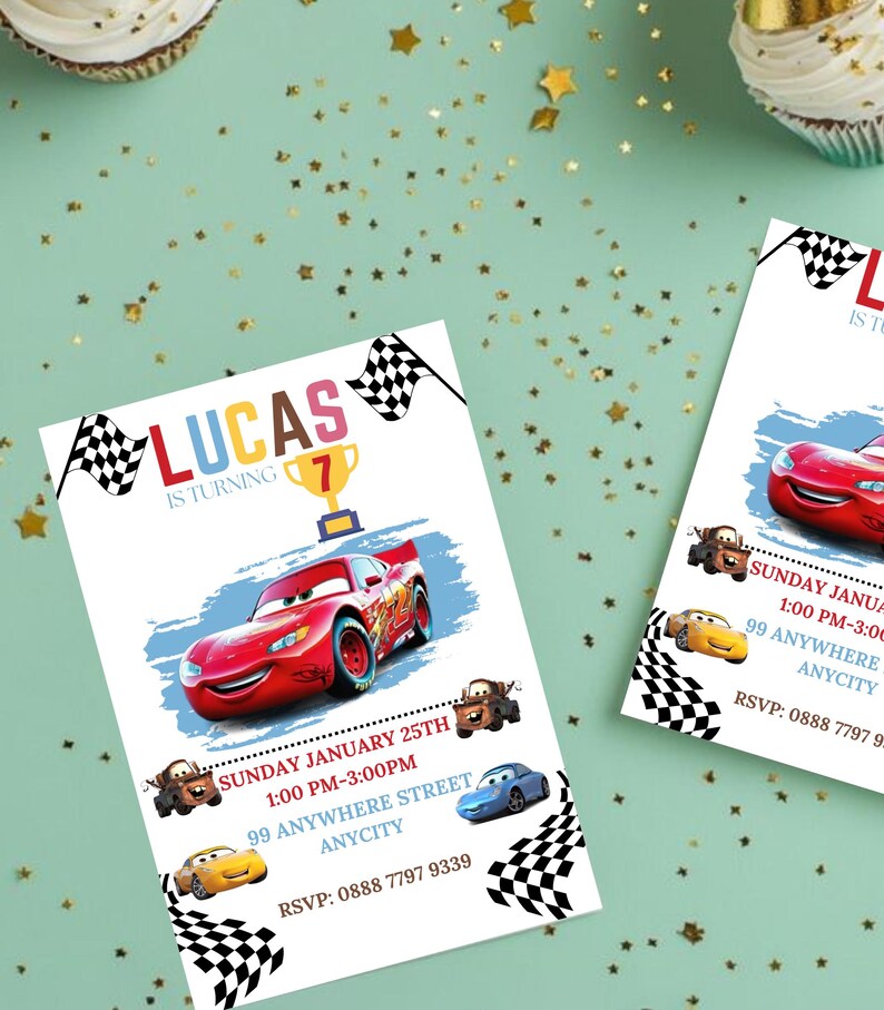May include: A red and white birthday invitation with a checkered flag border. The invitation features a cartoon image of Lightning McQueen from the Cars movie. The text on the invitation reads "Lucas is turning 7" and includes the date, time, and location of the party. RSVP information is also included.