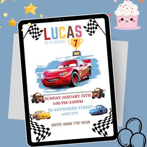 May include: A digital invitation for a 7th birthday party featuring a red race car, a blue race car, and a yellow race car. The invitation includes the name Lucas, the date Sunday January 25th, the time 1:00 PM-3:00 PM, the address 99 Anywhere Street Anycity, and the RSVP number 0888 7797 9339.