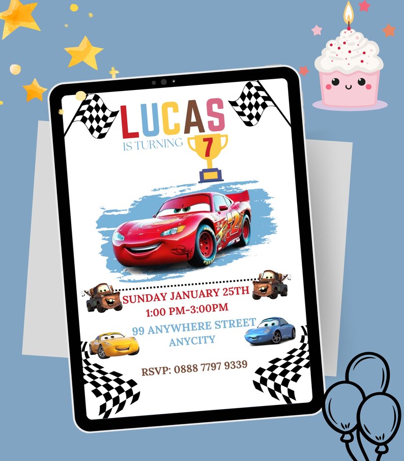 May include: A digital invitation for a 7th birthday party featuring a red race car, a blue race car, and a yellow race car. The invitation includes the name Lucas, the date Sunday January 25th, the time 1:00 PM-3:00 PM, the address 99 Anywhere Street Anycity, and the RSVP number 0888 7797 9339.
