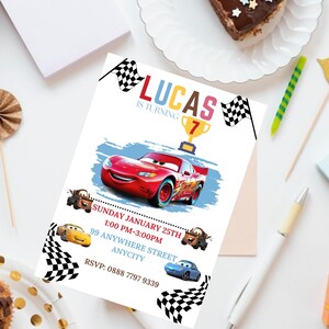 May include: A birthday invitation for a boy named Lucas turning 7. The invitation features a red race car with a checkered flag background. The text on the invitation reads "Lucas is turning 7" and includes the date, time, and location of the party.