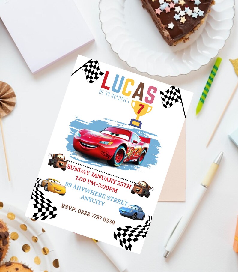 May include: A birthday invitation for a boy named Lucas turning 7. The invitation features a red race car with a checkered flag background. The text on the invitation reads "Lucas is turning 7" and includes the date, time, and location of the party.