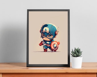 Digital Cartoon Portrait of Captain America, Home Decor, Instant Digital Download