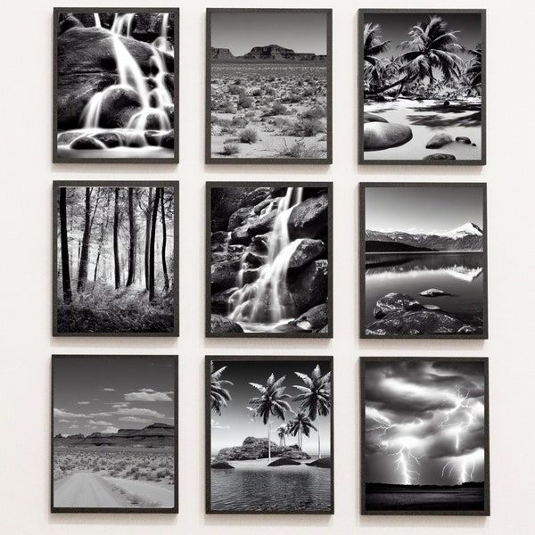 Art mural paysage noir et blanc, lot de 9 photos, décoration d'intérieur, téléchargement numérique instantané, plage, montagne, forêt, désert et cascade