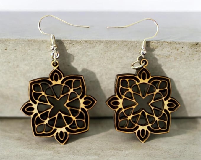 Laser Cut Wooden Mandala Earrings – Intricate Floral Dangle Boho Jewelry