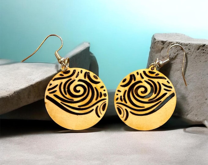Laser Engraved Wooden Swirl Earrings – Lightweight Boho Dangle Jewelry