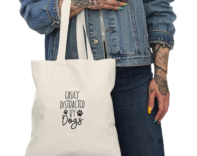 Easily Distracted by Dogs Tote Bag | Canvas Dog Lover Tote, Paw Print Design