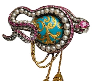 Antique Ruby & Pearls Silver Snake Brooch with Turquoise and Gold enamel Dome and 20k Gold Tassels and seed pearls.