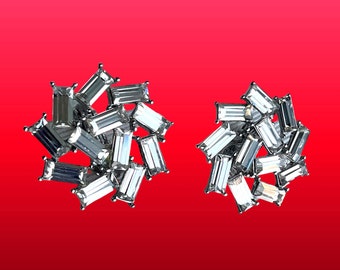 Art Deco Baguette Cluster Clear Crystal Vintage clip on Earrings 1” Diameter