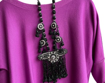 Bold Black and Lavender beaded rhinestone Necklace 24”