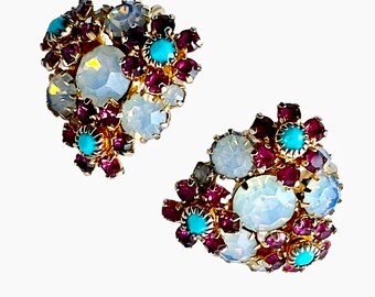 Vintage Juliana D&E Moonstone Ruby Turquoise Flower Clip Earrings 1"