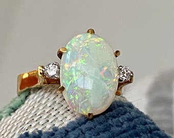 White Fire Opal and Diamond 18k Gold Cocktail Ring size 8