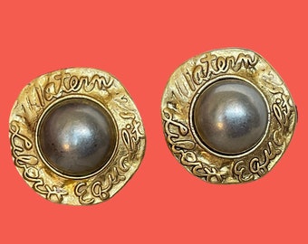 Liz Claiborne faux gray pearls stud 1”D Earrings with Liberty, Equality, Fraternity French Constitution message