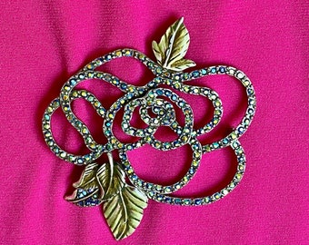 Chico’s Blue/Green Rhinestone Rose Pin/Brooch 2.75” by 3.20”Large