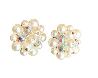 Laguna pearls and ab crystals cluster, 1 1/4” diameter clip-on earrings