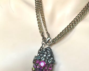 RADA Italy, Vintage Antique Gold 40”chain necklace & 2” Egg in fuchsia, red wine and gray green swarovski crystals