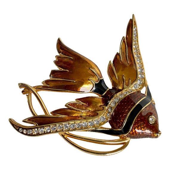 Swarovski Crystal cognac brown and gold tones enamel tropical Angel Fish BandFish 2.5” Brooch Pin