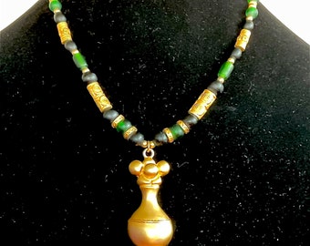Matte Gold tone, green glass & black beads ‘Inca’ Brand Pendant Necklace, 17.5”and Earrings from Peru