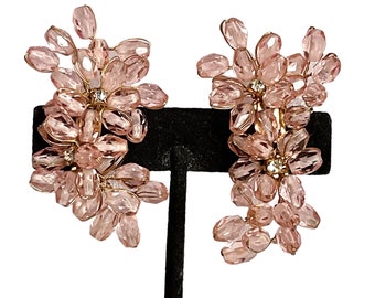 Blush Pink faceted Crystal Beads wired twisted 2” Flower Earrings clip-on