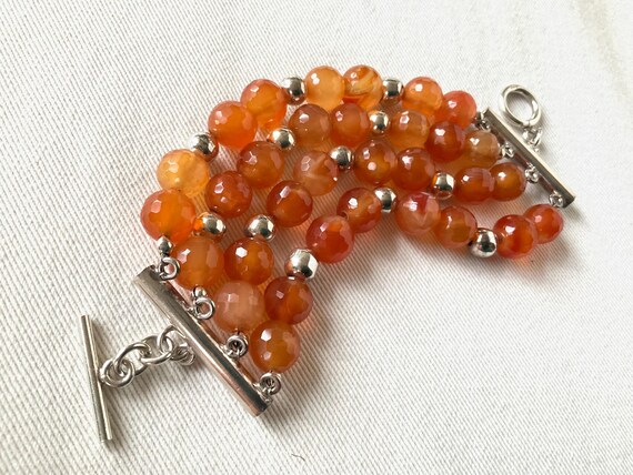 Four row Faceted Orange Carnelian Agate stone and… - image 1