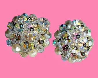 Signed “Laguna”, Rivoli crystal AB Flower Bouquet with clear rhinestones & Pearls clip on Earrings 1.25"diameter