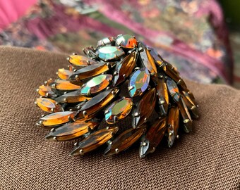 Vintage Swirl, Twirl, Tornado, Twist, large Copper Cognac Marquis Crystal & AB Rhinestone Brooch Pin  2.5" diam by 1" tall