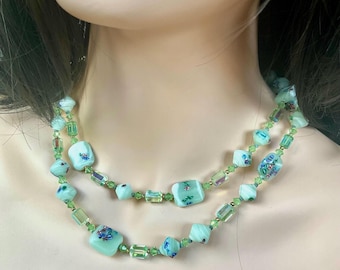 Art Deco double strand vintage millefiori mint green glass crystal Necklace 19.5”