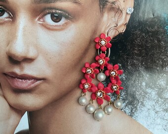 J Crew Chandelier coral Flower rhinestone pearl gold tone Earrings 3 3/8”