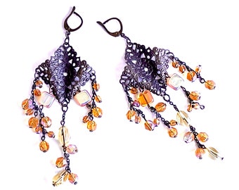 Boucles d'oreilles dormeuses en filigrane de bronze avec perles de cristal jaune, 12 cm de long