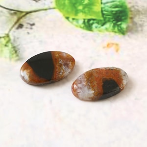 Può includere: Due pietre preziose ovali con finitura lucida. Le pietre presentano un mix di colori, tra cui nero, marrone e bianco. Le pietre preziose sono probabilmente utilizzate per gioielli o scopi decorativi.