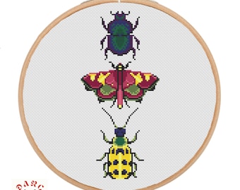 colorful bugs taxidermy, beetle, moth, cross stitch pattern pdf