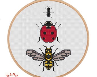 Garden bugs taxidermy, ant, bee, ladybug cross stitch pattern pdf