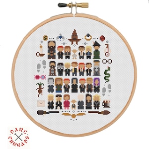 May include: A cross-stitch pattern featuring characters from the Harry Potter series. The pattern includes characters like Harry Potter, Ron Weasley, Hermione Granger, and more. The pattern is in a circular hoop with a white background.