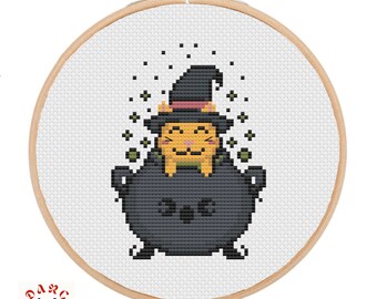Witch Cat Cauldron Cross Stitch Pattern (PDF Printable),