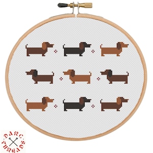 Pode incluir: Um padrão de ponto cruz com nove cães salsicha marrons, pretos e castanhos em várias poses. Os cães estão dispostos em três filas de três. O padrão está sobre um fundo branco e está emoldurado em um aro de madeira.
