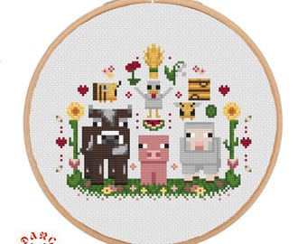 Farm Animals, Cute, Whimsical, mine craft Cross stitch pdf pattern