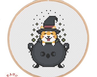 Shiba Inu Witch Cauldron Cross Stitch Pattern (PDF).
