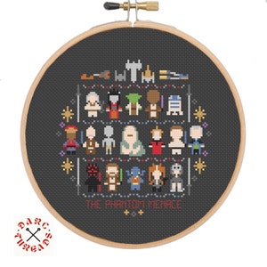 May include: A black and white cross-stitch pattern of characters from the movie "Star Wars: The Phantom Menace". The characters are arranged in a grid pattern and include Darth Maul, Qui-Gon Jinn, Obi-Wan Kenobi, Jar Jar Binks, and more.