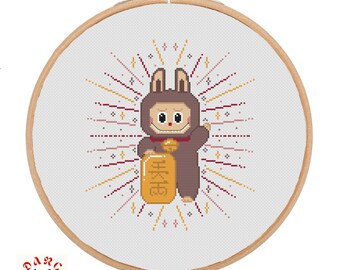 Lucky Cat Labubu Cross Stitch Pattern (PDF Download).