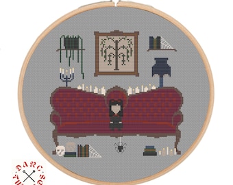 Haunted Dolly Couch cross stitch, pdf printable pattern