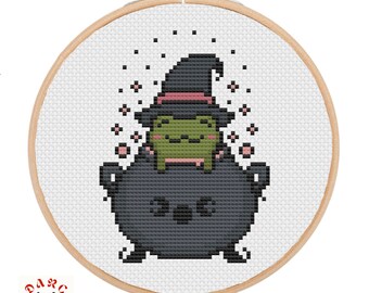Cute cauldron frog, pdf printable cross stitch pattern