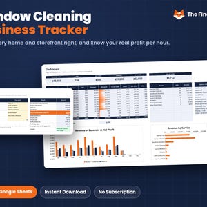 May include: A digital Window Cleaning Business Tracker spreadsheet template featuring a dashboard with financial metrics, a quote calculator, revenue charts, and expense tables. The interface displays data for revenue, expenses, and net profit.