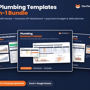 May include: A 3-in-1 digital plumbing business template bundle featuring a job and profit tracker, business KPI dashboard, and paycheck budget and debt planner. The dark blue interface displays charts, financial data, and The Finance Fox logo.