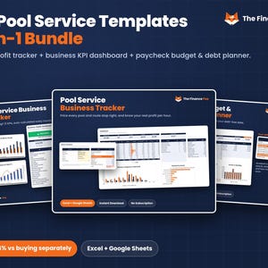 May include: A digital 3-in-1 pool service business template bundle by The Finance Fox. Includes a job and profit tracker, business KPI dashboard, and paycheck budget and debt planner. Features Excel and Google Sheets compatibility.