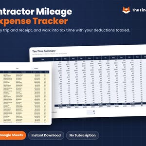 Mileage and Expense Tracker for Contractors | Mileage Log, Business Expense and Tax Deduction Spreadsheet | Excel Google Sheets