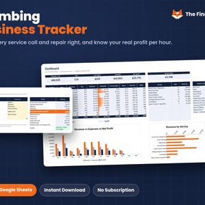 May include: A digital Plumbing Business Tracker spreadsheet template featuring a Quote Calculator and a main dashboard with financial tables, bar charts, and revenue data. The interface includes text labels like Plumbing Business Tracker, The Finance Fox, Dashboard, and Quote Calculator.