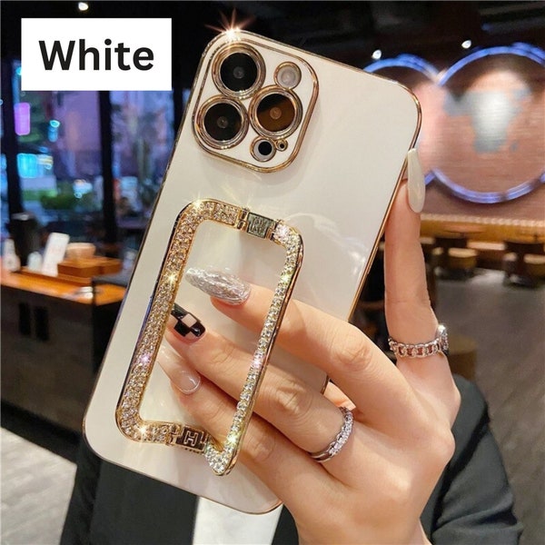Glitter Square Holder Phone Case iPhone 15 14 13 12 11 Pro Xs Max Mini SE X XR 7 8 6 Plus Crystal Metal Ring Stand Cover with Luxury Plating