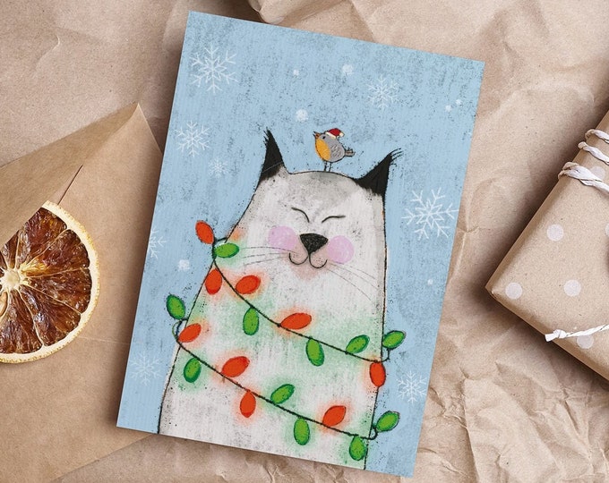 2 x Christmas Friends | Postcard | A6 | 260g | Cat and robin | Christmas | Christmas greetings