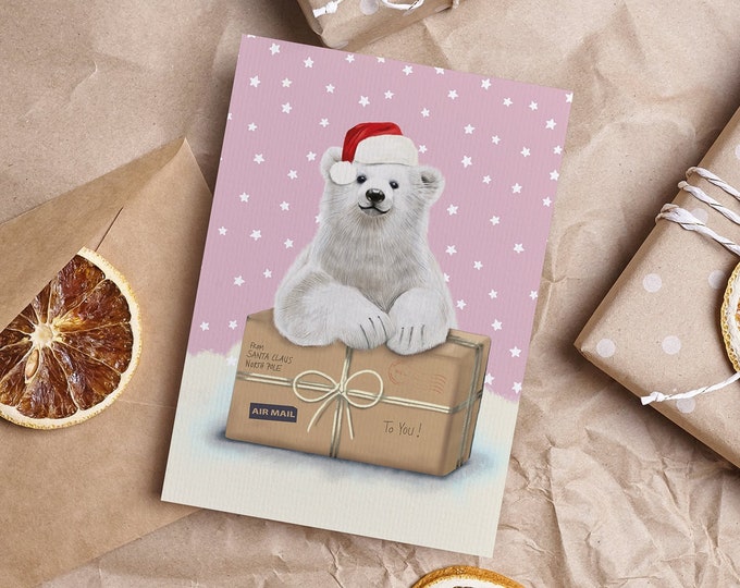 2x Polar Bear Christmas Cards | Pink Postcard | A6 | 260g | Pink Polar Bear | Christmas | Christmas Greetings