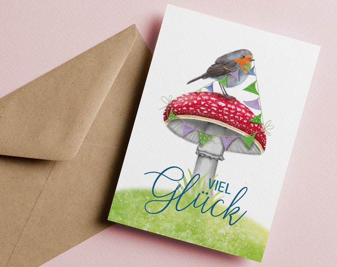 Good luck greeting card robin toadstool | Folding card | Gift | A6 | 300g