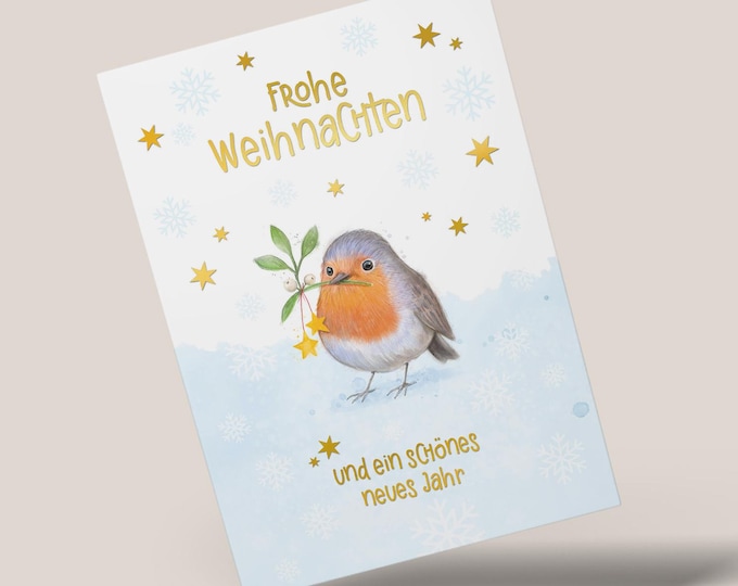 Christmas postcard with robin and mistletoe | A6 | with gold foil | 36 mm thick 350g matte art paper |